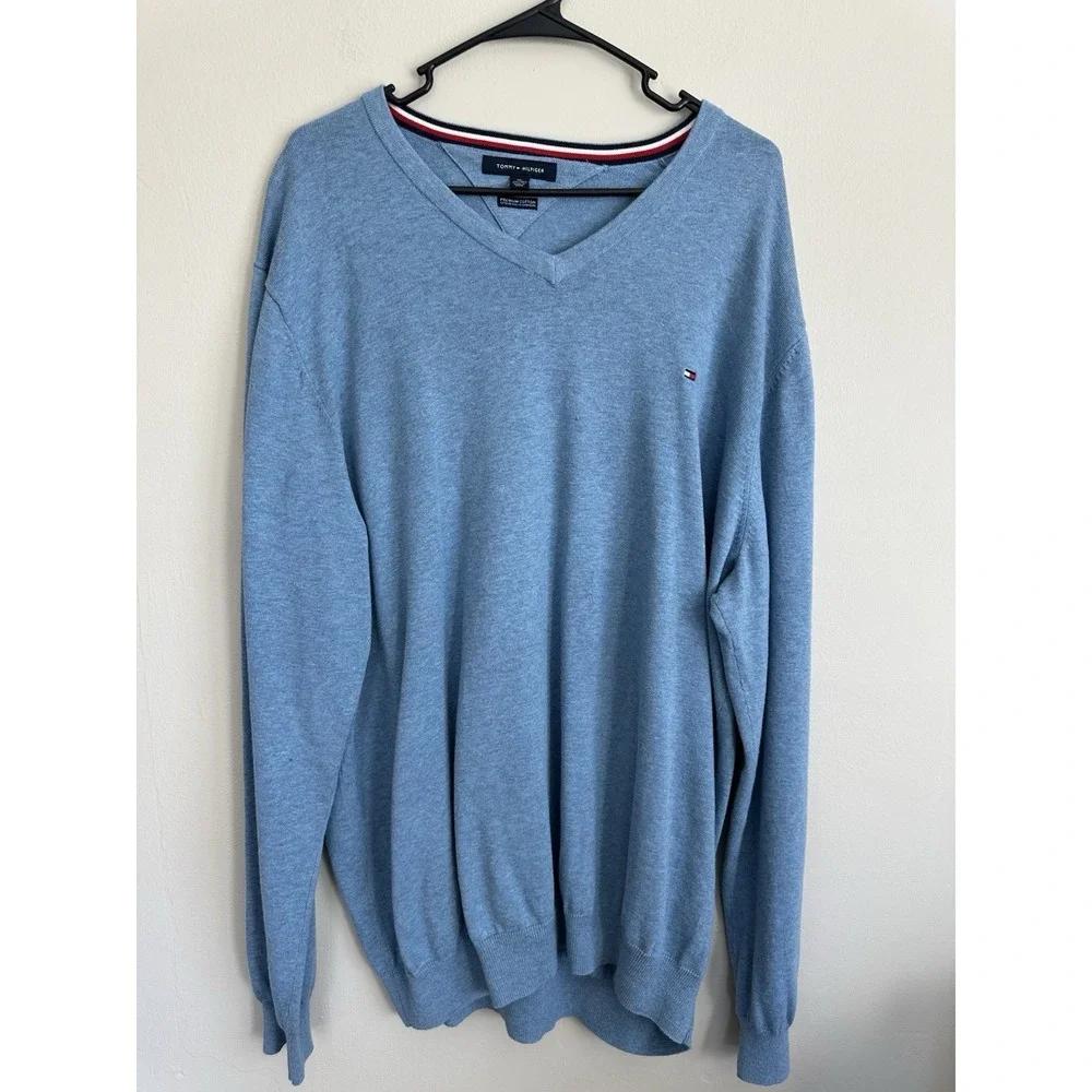 Tommy Hilfiger 3XL Premium Pima Cotton V-Neck Light Blue Sweater Big & Tall